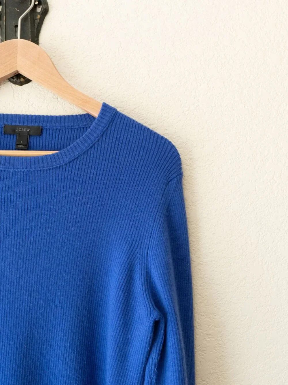 J Crew Merino Wool Blend Ribbed Sweater L Blue Long Sleeve Lightweight Knit